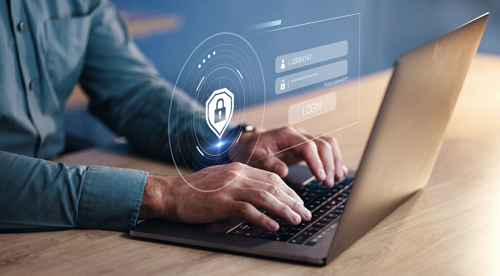 a person typing in a laptop with password credentials as graphic in front of the picture